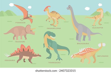 Dinosaurs illustration vector set. Including Triceratops, Brachiosaurus, Parasaurolophus, Tyrannosaurus rex, Ankylosaurus, Velociraptor, Stegosaurus, 