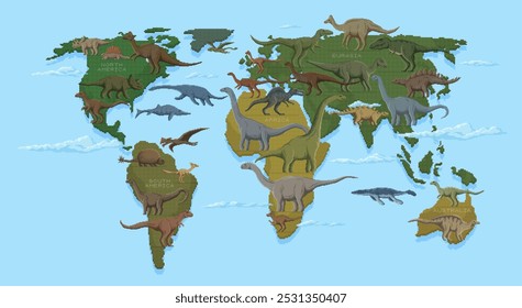 Infografía de dinosaurios en estilo retro pixel art de 8 bits. Mapa mundial educativo del Vector con especies prehistóricas de dinosaurios ubicadas en los continentes América del Norte, América del Sur, África, Eurasia y Australia