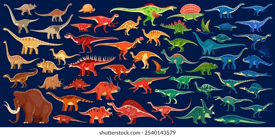 Dinosaurs infographics, prehistoric dino species vector set. Cartoon ancient reptiles from Jurassic era. Terrestrial carnivores, omnivores, herbivores and mammoth with marine reptiles and pterosaurs