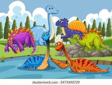 Dinosaurs interacting in a vibrant, natural setting