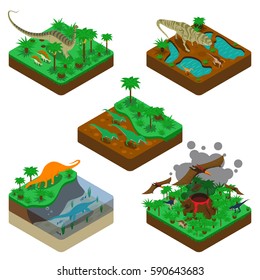 Dinosaurs isometric compositions with terrestrial flying and water reptiles land with plants erupting volcano isolated vector illustration