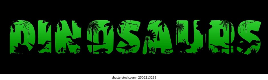 Dinosaurs jungle forest sunset silhouette with Jurassic park prehistoric lizards, vector background. Dinosaurs era letters banner with Tyrannosaurus T-rex, velociraptor and dino reptiles in jungles