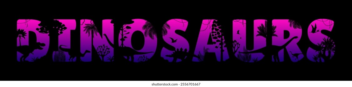 Dinosaurs jungle forest sunset silhouette of Jurassic lizards in cutout letters, vector background. Prehistoric dino park banner with T Rex giant lizard and dinosaur reptiles silhouettes in letters