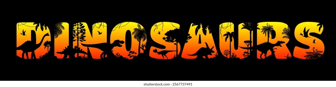 Dinosaurs jungle forest sunset silhouette. Prehistoric tropical forest, Jurassic era flora and fauna vector text background with dinosaurs extinct reptiles animals, jungle trees sunset silhouettes