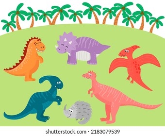 Dinosaurs in jungle, prehistoric wild animal on tropical forest background with palm tree leaves. Jurassic period ancient creature, game personage dino monster, Cartoon vector illustration