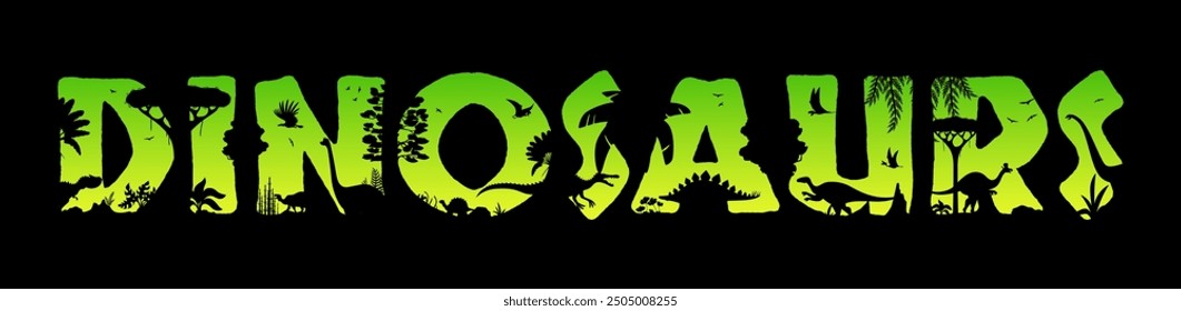 Dinosaurs in jungle rainforest sunset silhouette of prehistoric lizards, vector Jurassic park background. Dinosaurs with forest trees in cut letters silhouette, prehistoric lizard reptiles and birds