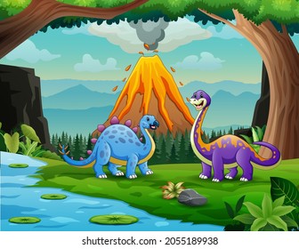 Dinosaurs at the jungle with volcanic eruption background