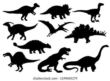 Динозавры и динозавры юрского периода. Векторный силуэт трицератопса или тираннозавра, бронтозавра или птеродактиля и стегозавра, птеранодона или кератозавра и рептилии паразауролофа