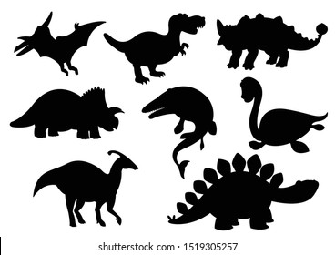 Dinosaurs and Jurassic dino monsters icons silhouette vector set.