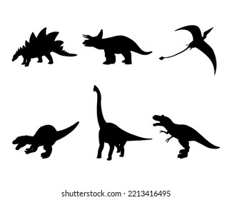 Dinosaurs and Jurassic dino monsters icons. Vector silhouette of triceratops or T-rex, brontosaurus or pterodactyl and stegosaurus, pteranodon or ceratosaurus and parasaurolophus reptile