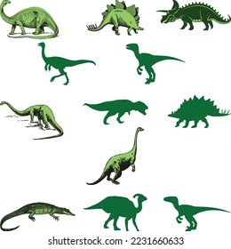 Dinosaurs and Jurassic dino monsters icons. Vector silhouette of triceratops or T-rex, brontosaurus or pterodactyl and stegosaurus, pteranodon or ceratosaurus and parasaurolophus reptile