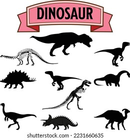 Dinosaurs and Jurassic dino monsters icons. Vector silhouette of triceratops or T-rex, brontosaurus or pterodactyl and stegosaurus, pteranodon or ceratosaurus and parasaurolophus reptile