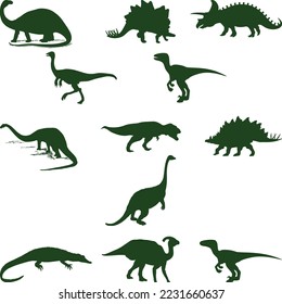 Dinosaurs and Jurassic dino monsters icons. Vector silhouette of triceratops or T-rex, brontosaurus or pterodactyl and stegosaurus, pteranodon or ceratosaurus and parasaurolophus reptile