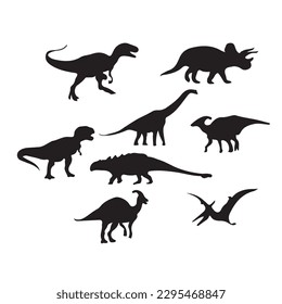 Dinosaurs and Jurassic dino monsters icons. Vector silhouette of triceratops or T-rex, brontosaurus or pterodactyl and stegosaurus, pteranodon or ceratosaurus and parasaurolophus reptile