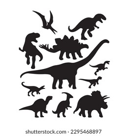 Dinosaurs and Jurassic dino monsters icons. Vector silhouette of triceratops or T-rex, brontosaurus or pterodactyl and stegosaurus, pteranodon or ceratosaurus and parasaurolophus reptile