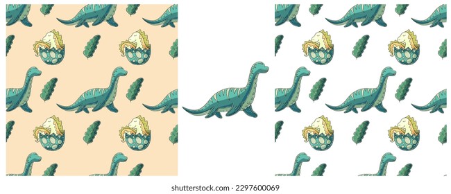 Dinosaurs of the Jurassic period. Hand drawn Set dinosaurs seamless pattern