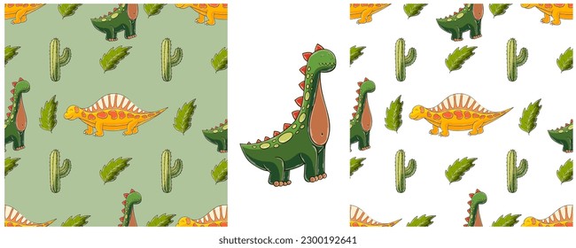 Dinosaurs of the Jurassic period. Hand drawn Set dinosaurs seamless pattern
