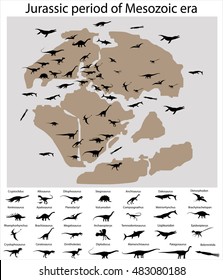 Dinosaurs of jurassic period of mesozoic era on the map