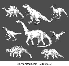 dinosaurs jurassic reptiles animals hand drawn set,