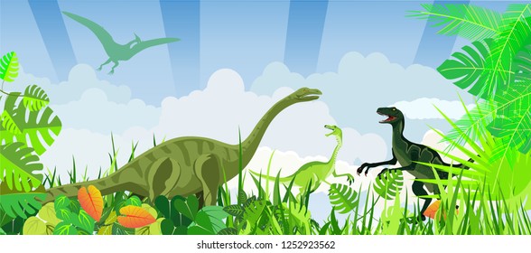 dinosaurs of jurassic time, prehistoric life animals and landscape, vector illustration