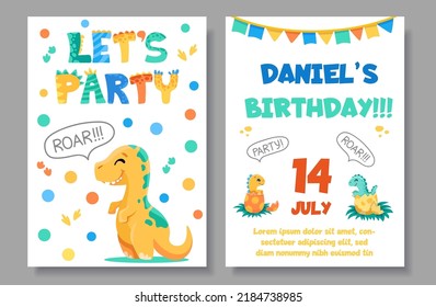 Dinosaurs kids birthday party invitation card template. Lets party poster with cute dinosaurs, space for text, date and roar lettering. Vector cartoon illustration for children