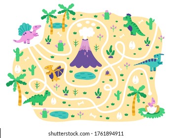 Dinosaurs kids maze. Dino mom find eggs childrens game, cute doodle dino educational jurassic park maze puzzle game, isolated vector illustration. Dinosaur in labyrinth and maze path for play