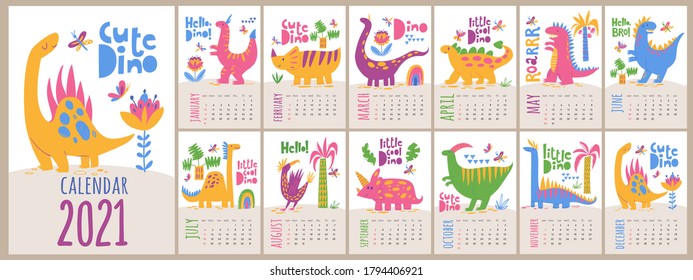 Dinosaurs kids style cartoon vector 2021 calendar. Letter size calendar with funny dinosaur characters. Nice decoration for kids children room. Different kinds of dinosaurs
