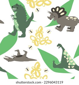 Dinosaurs laughing. Triceratops, T-Rex, Velociraptor, and Brachiosaurus laughing with butterflies around them. Vector illustration. Seamless pattern. Happy cartoon dino. Kids print. 