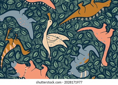 Dinosaurs and leaves linocut vector seamless pattern - design for fabric, wrapping, textile, wallpaper, background.
