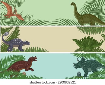 Dinosaurs in leaves. A set of three horizontal banners.