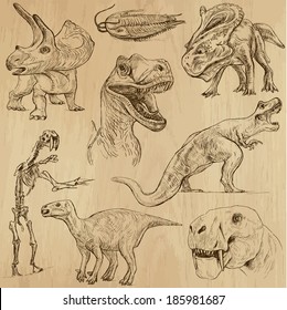 DINOSAURS -Life in prehistoric times (set no. 3) - Collection of an hand drawn illustrations. Description: Each drawing comprise of two layer of outlines, colored background is isolated.