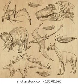 DINOSAURS -Life in prehistoric times (set no. 4) - Collection of an hand drawn illustrations. Description: Each drawing comprise of two layer of outlines, colored background is isolated.