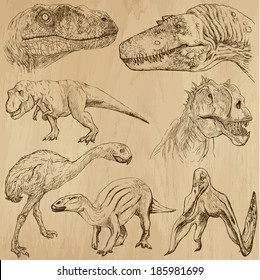 DINOSAURS -Life in prehistoric times (set no. 2) - Collection of an hand drawn illustrations. Description: Each drawing comprise of two layer of outlines, colored background is isolated.