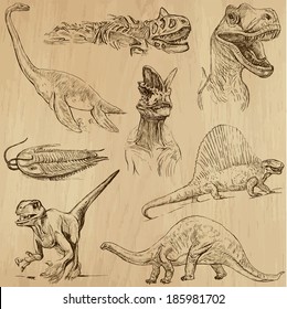 DINOSAURS -Life in prehistoric times (set no. 1) - Collection of an hand drawn illustrations. Description: Each drawing comprise of two layer of outlines, colored background is isolated.