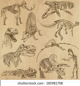 DINOSAURS -Life in prehistoric times (set no. 5) - Collection of an hand drawn illustrations. Description: Each drawing comprise of two layer of outlines, colored background is isolated.