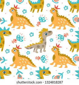 Dinosaurs are light on white background with flowers. Vector pattern for textile, fabric, Wallpaper, background, wrapping paper, covers.