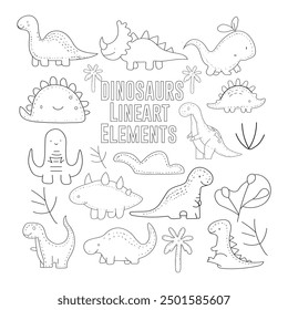 DINOSAURS Line art Elements hand drawn elements doodles black