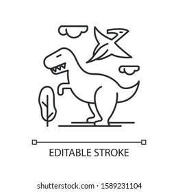 Dinosaurs linear icon. Prehistoric animals. Tyrannosaurus rex. Flying pterodactyl. Archeology and history. Thin line illustration. Contour symbol. Vector isolated outline drawing. Editable stroke