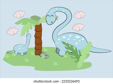 Dinosaurs with a long neck eat a palm tree while on the island