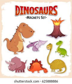 Dinosaurs Magnets And Stickers Set/
Illustration of a set of cartoon tiny dinosaurs stickers, with volcano eruption