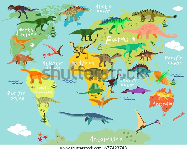 Immagine Vettoriale Stock A Tema Mappa Dei Dinosauri Del Mondo Per Royalty Free