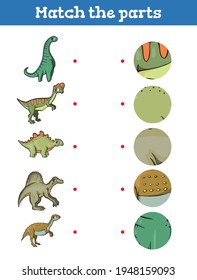 Dinosaurs Match the part Educational game for children. Cartoon vector illustration.