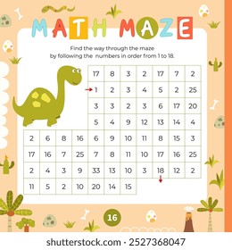 Dinosaurs math activities for kids. Cute Dino Math maze game. Find the way through labyrinth by following the numbers in correct order. Vector illustration. Square page for Activity Book.