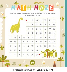 Dinossauros atividades de matemática para crianças. Jogo de labirinto Dino Math. Encontre o caminho através do labirinto, seguindo os números na ordem correta. Ilustração vetorial. Página quadrada do Livro de Atividades.