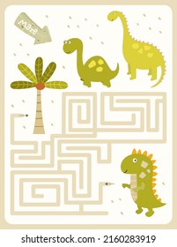 Dinosaurios Juego de Maze para niños. Ayude a los dinosaurios a encontrar el camino correcto para la palmera. Ilustración vectorial. Dino laberinto para el libro de actividades para niños.