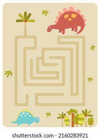 Dinosaurs Maze game for children. Help Dinosaur find correct way to dino. Vector illustration. Dino labyrinth for kids activity book.