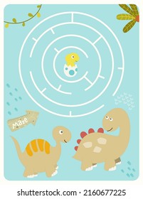 Dinosaurs Maze game for children. Help Dinosaur find correct way to baby dino. Vector illustration. Dino labyrinth for kids activity book.