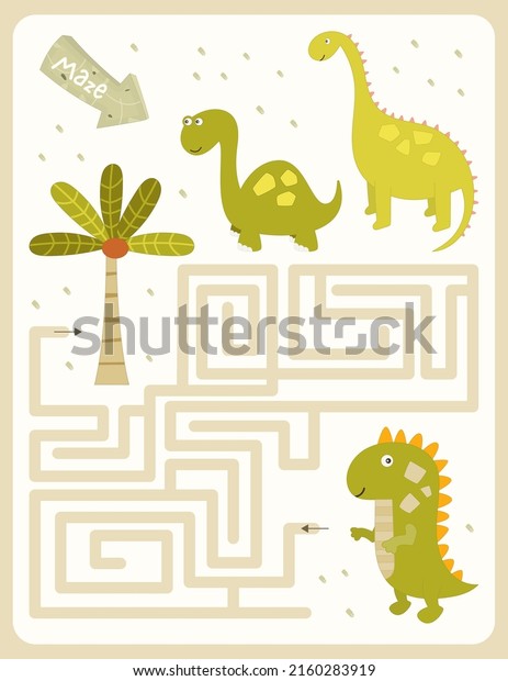Dinosaurs Maze game for children. Help Dinosaur\
find correct way to palm tree. Vector illustration. Dino labyrinth\
for kids activity\
book.