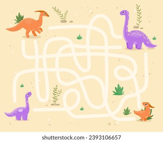 Dinosaurs maze game concept. Colorful dino with lines. Educational materials for kids. Labyrinth with prehistoric animals. Cartoon flat vector illustration isolated on beige background