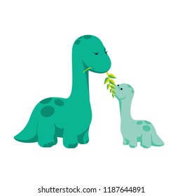 Dinosaurs - mother feeding baby (diplodocus) in flat style for designing  dino related materials. For Mother's day greeting card, poster, banner, logo, icon. Jurassic park theme, baby dino children